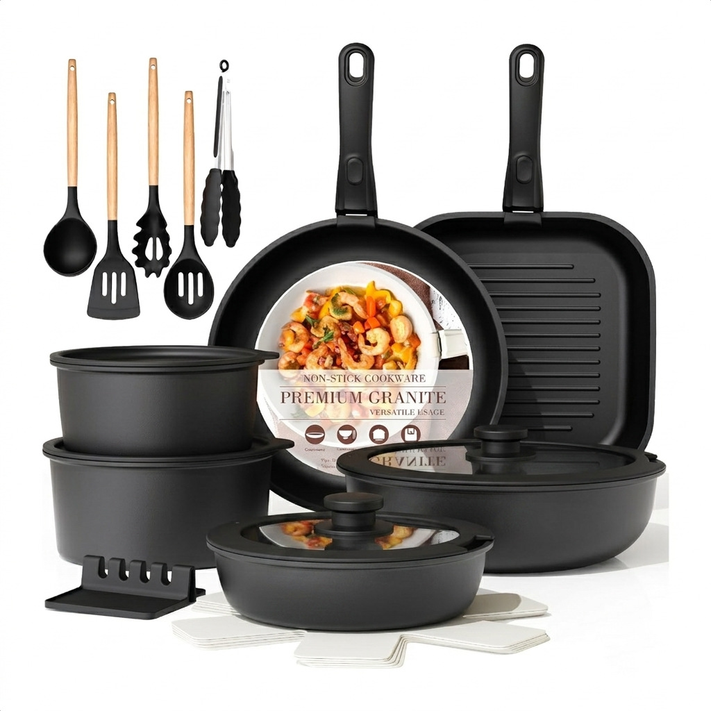 23-piece Aluminum Alloy Non-Stick Cookware Set with Removable Handles Woks Frying Pans and Saucepans for Home Kitchens