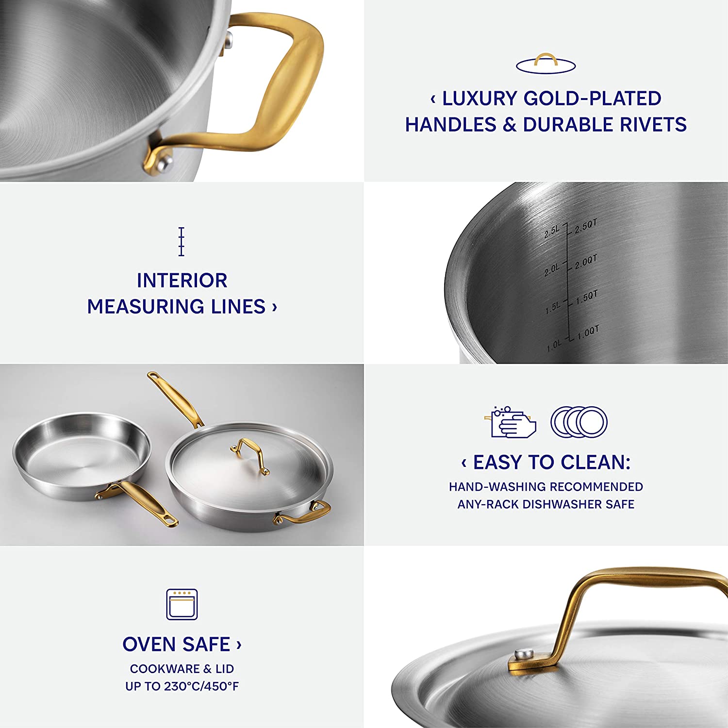 Rofee 14-Piece 5-Ply Stainless Steel Eco-Friendly Cookware Set with Fry Pan and Glass Lid for Professional Home Chefs