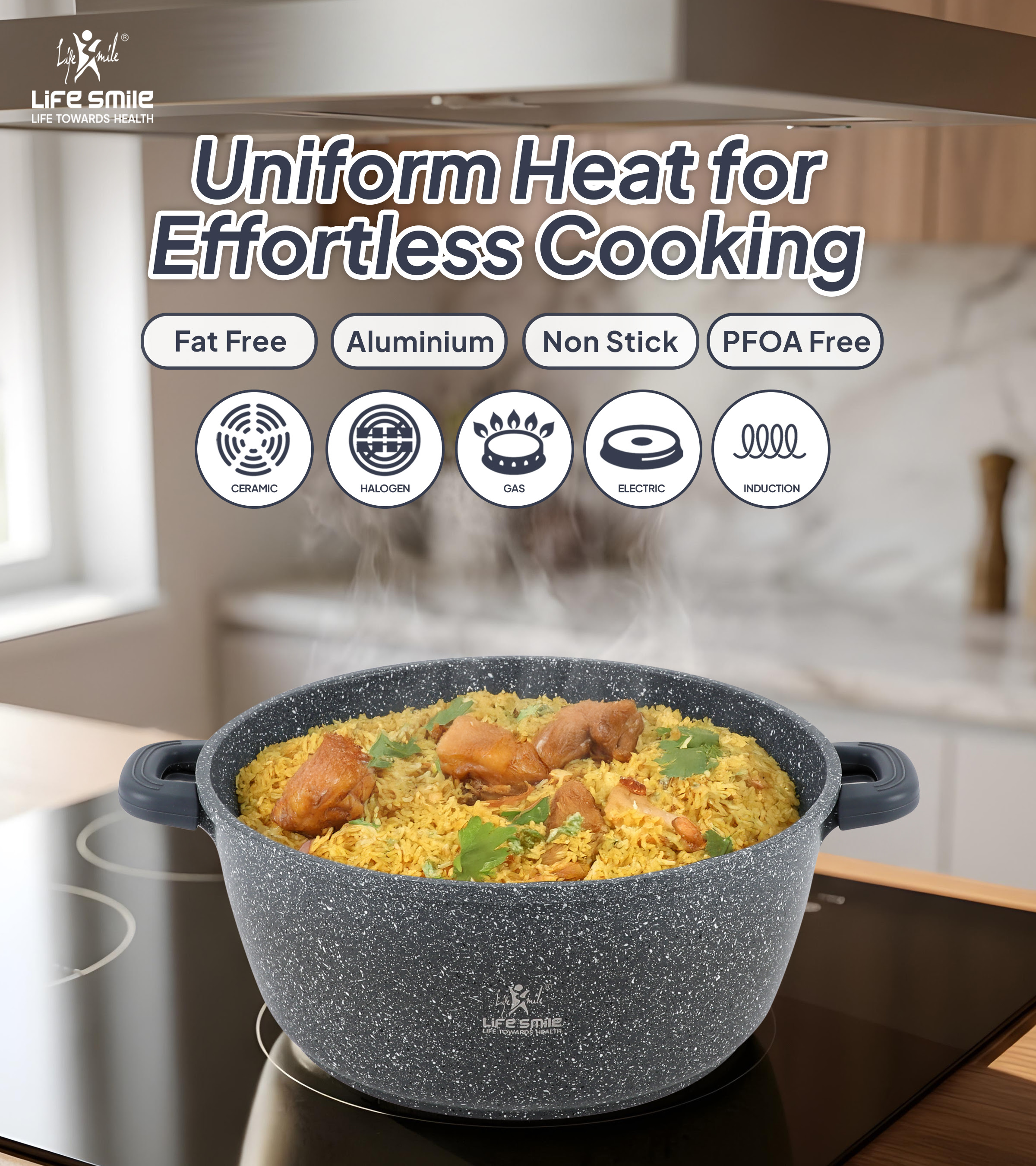 Life Smile Complete Granite Cookware Set Silicone Rim Lids Detachable Handle Pans Nonstick Induction Ready