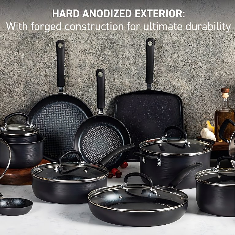 Ultimate Hard Anodized Nonstick Pots and Pans Set 17 Piece, Nonstick Cookware Set with Fry Pan, Saucepans, Saute-Pan, Griddle, Dishwasher Safe, Onyx