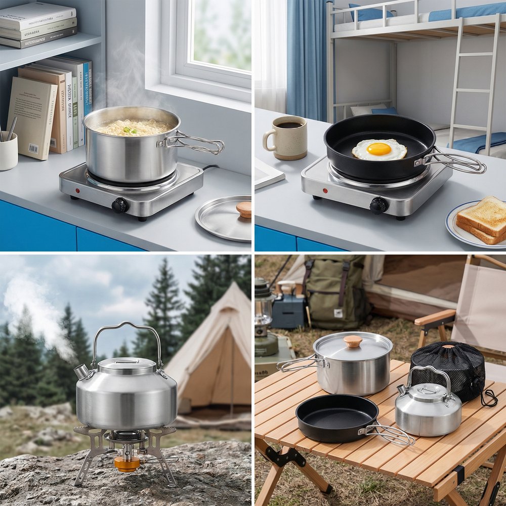 Outdoor Home Use 304 Stainless Steel Three-Piece Cooking Pot Set with Lid Portable Camping Cookware Non-Stick Frying Pan Kettle