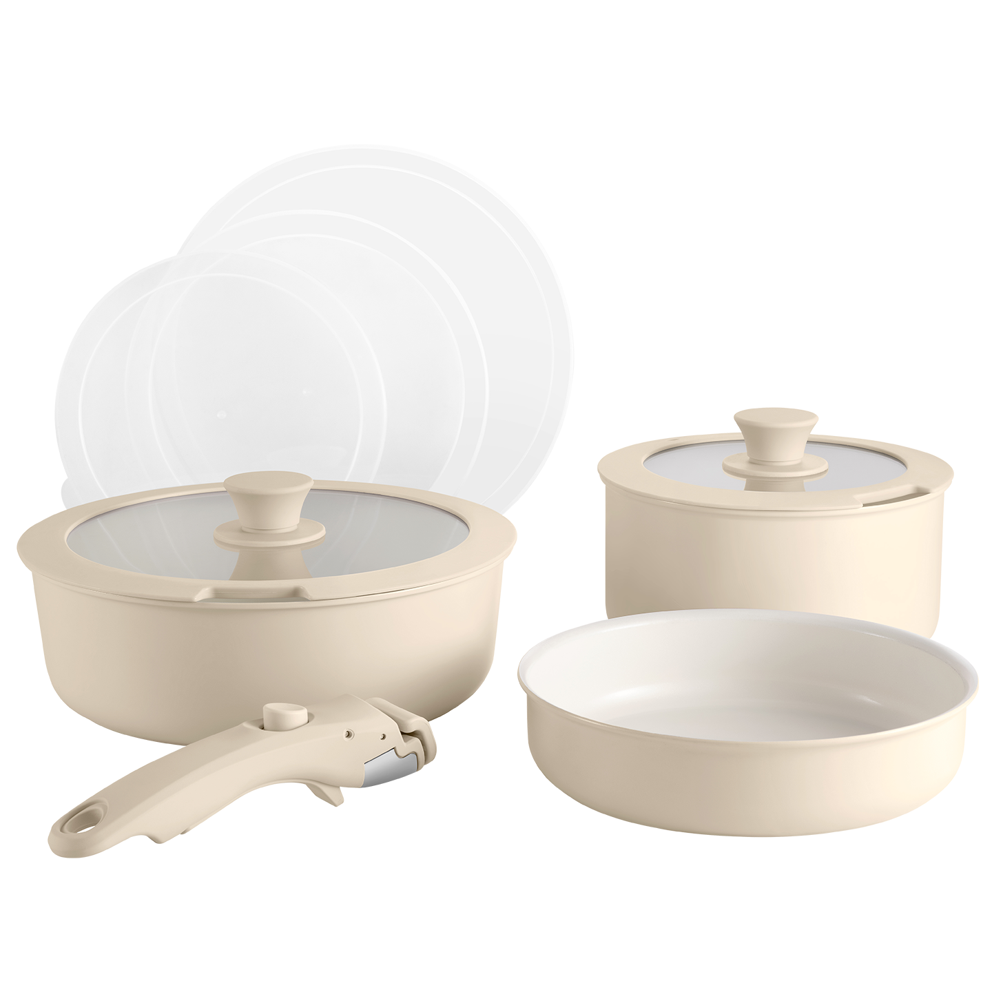 Nine-piece Cookware Set with Detachable Handles, Aluminum Alloy Frying Pan, Oven Safe.