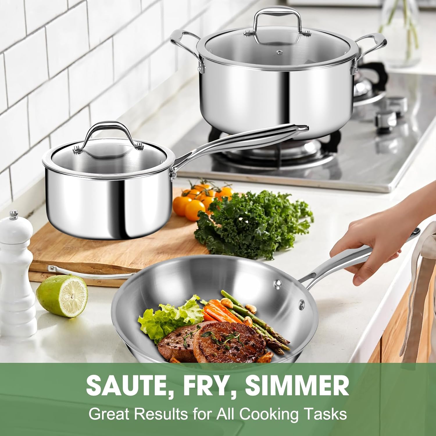 11-Piece Professional Chef Quality Cookware Set 3 Ply Stainless Steel Non-Toxic Lids Dishwasher Safe Gas Induction Ready