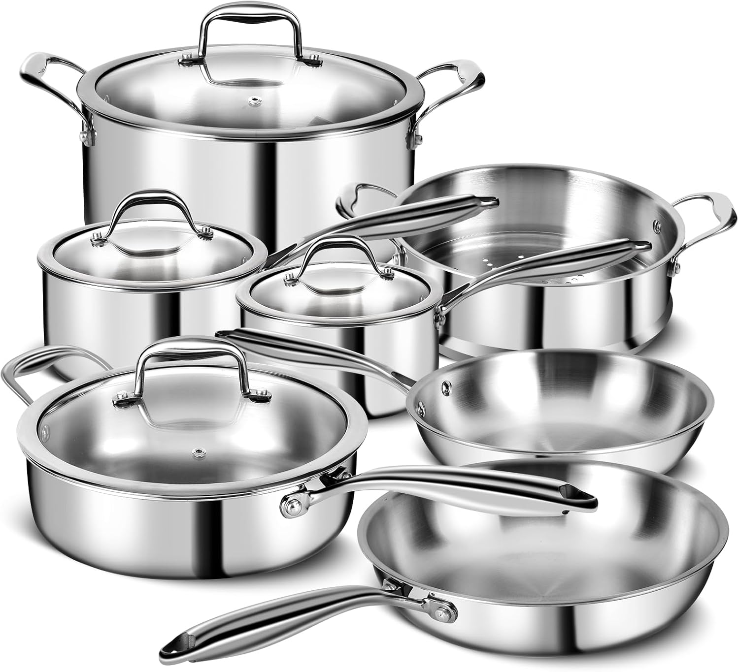 11-Piece Professional Chef Quality Cookware Set 3 Ply Stainless Steel Non-Toxic Lids Dishwasher Safe Gas Induction Ready