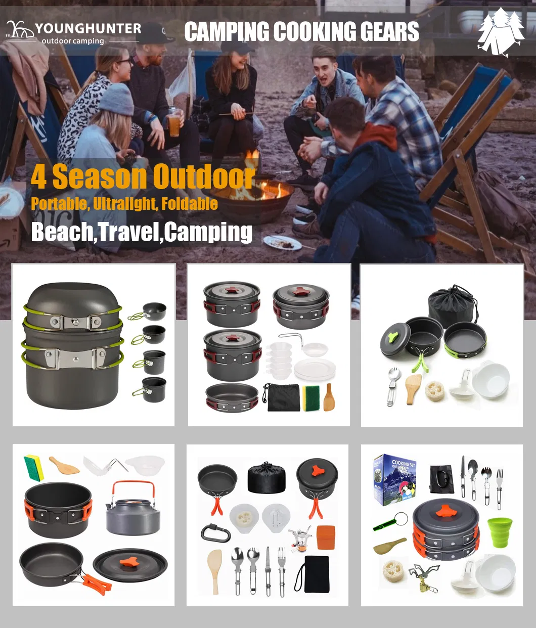 Hot Sale Travel Accessories Kettle Big Pot Non-Stick Pan Folding Cutlery Water Cup Camping Hard Anodized Aluminum Cookware Set