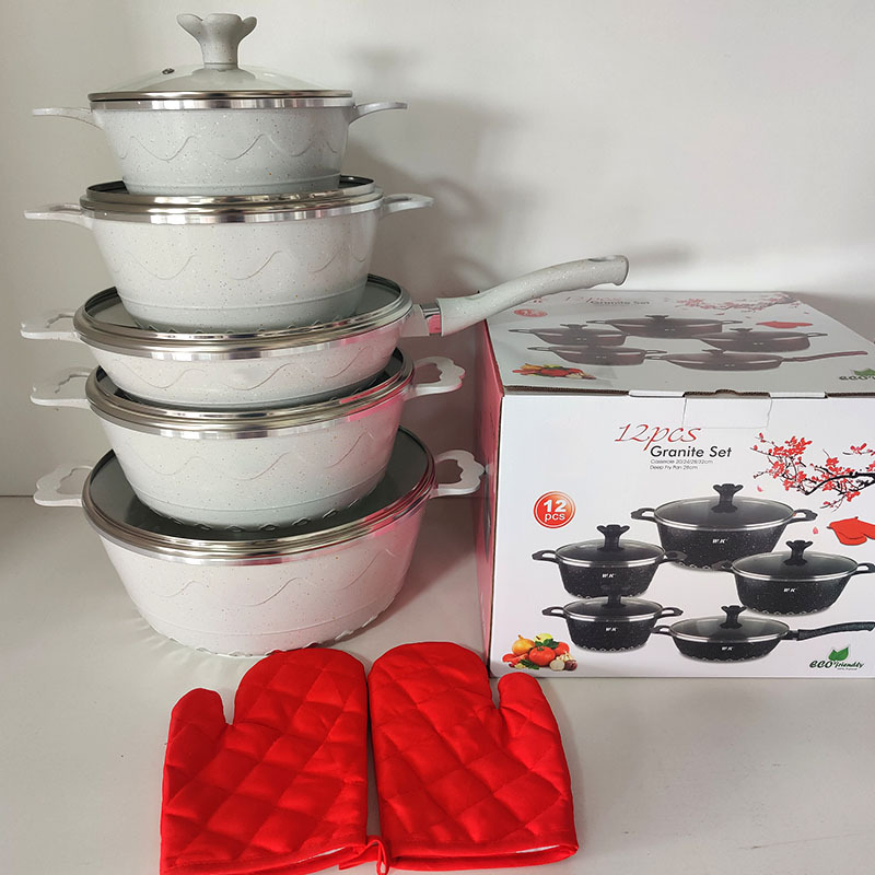 12PCS Die Cast Granite Coated Nonstick Cooking Pot Aluminum Pan Granite Coated Cookware Sets