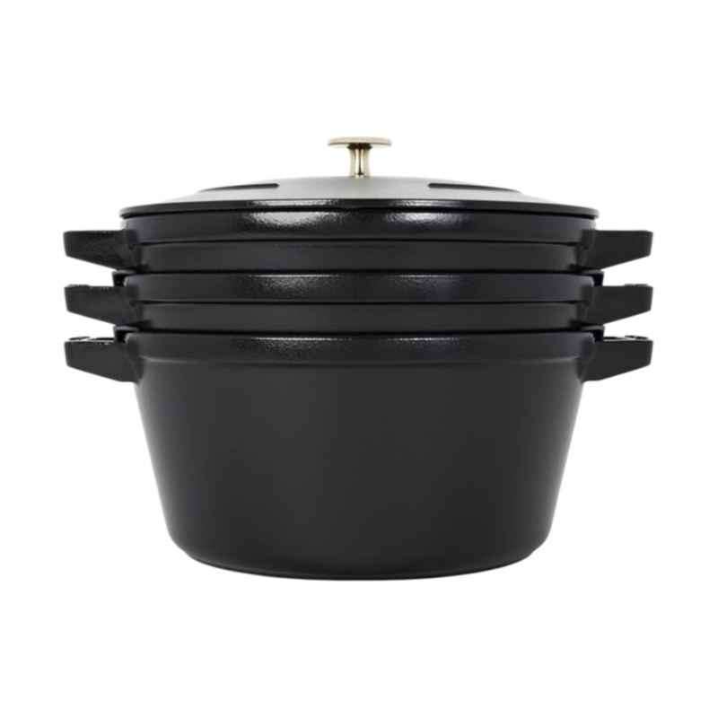 Enameled Cast Iron Set 3-pc Stackable Space-Saving Cookware Set Casserole Skillet Grill Pan with Universal Lid