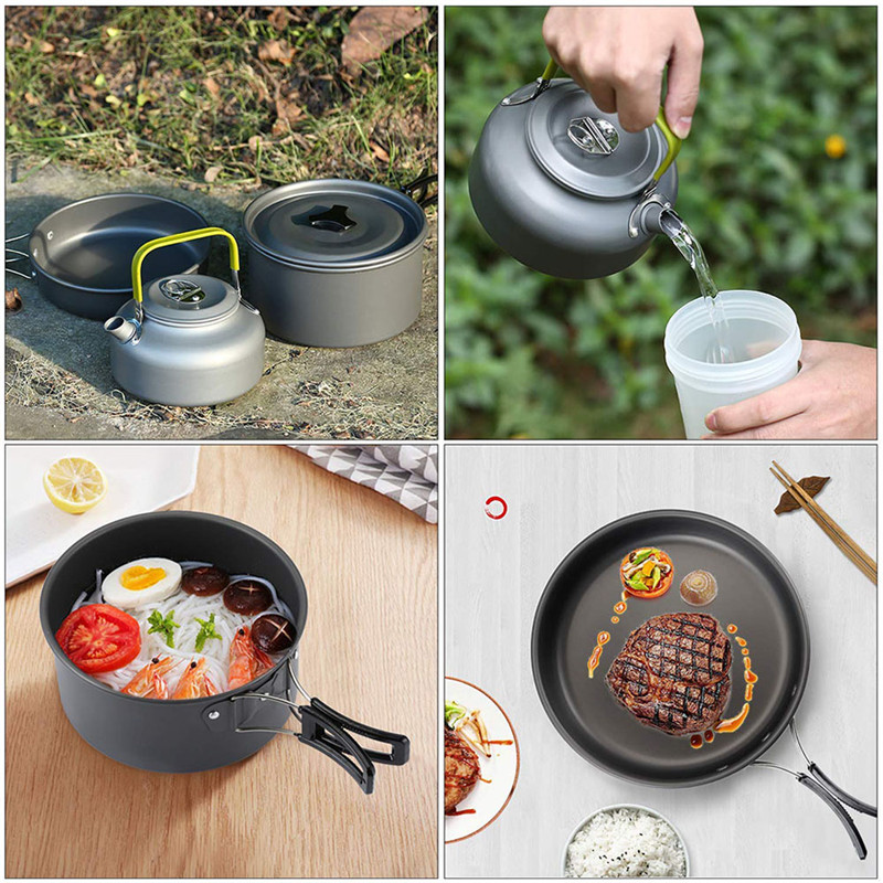 2~3 Person Camping Cookware Mess Kit With Kettle Non Stick Pot Outdoor Cookware Non-Stick Lightweight Pots Set for Camping