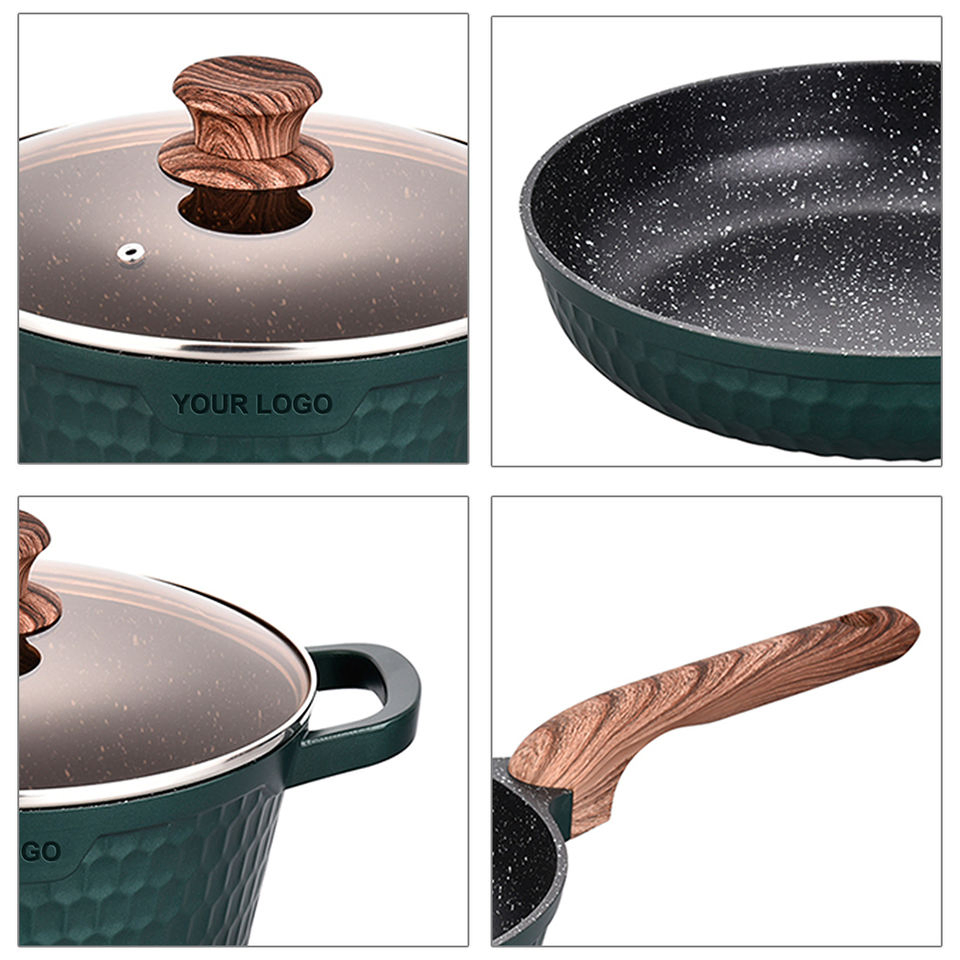 5 Piece Green Textured Die-Cast Aluminum Marble Coating Non-Stick Cookware Set with Wooden Bakelite Handle