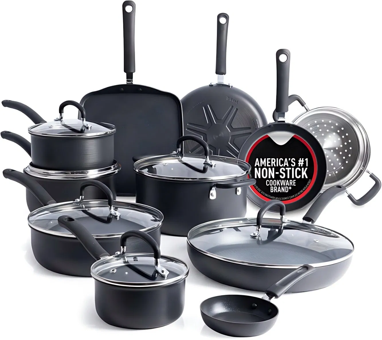 Ultimate Hard Anodized Nonstick Pots and Pans Set 17 Piece, Nonstick Cookware Set with Fry Pan, Saucepans, Saute-Pan, Griddle, Dishwasher Safe, Onyx