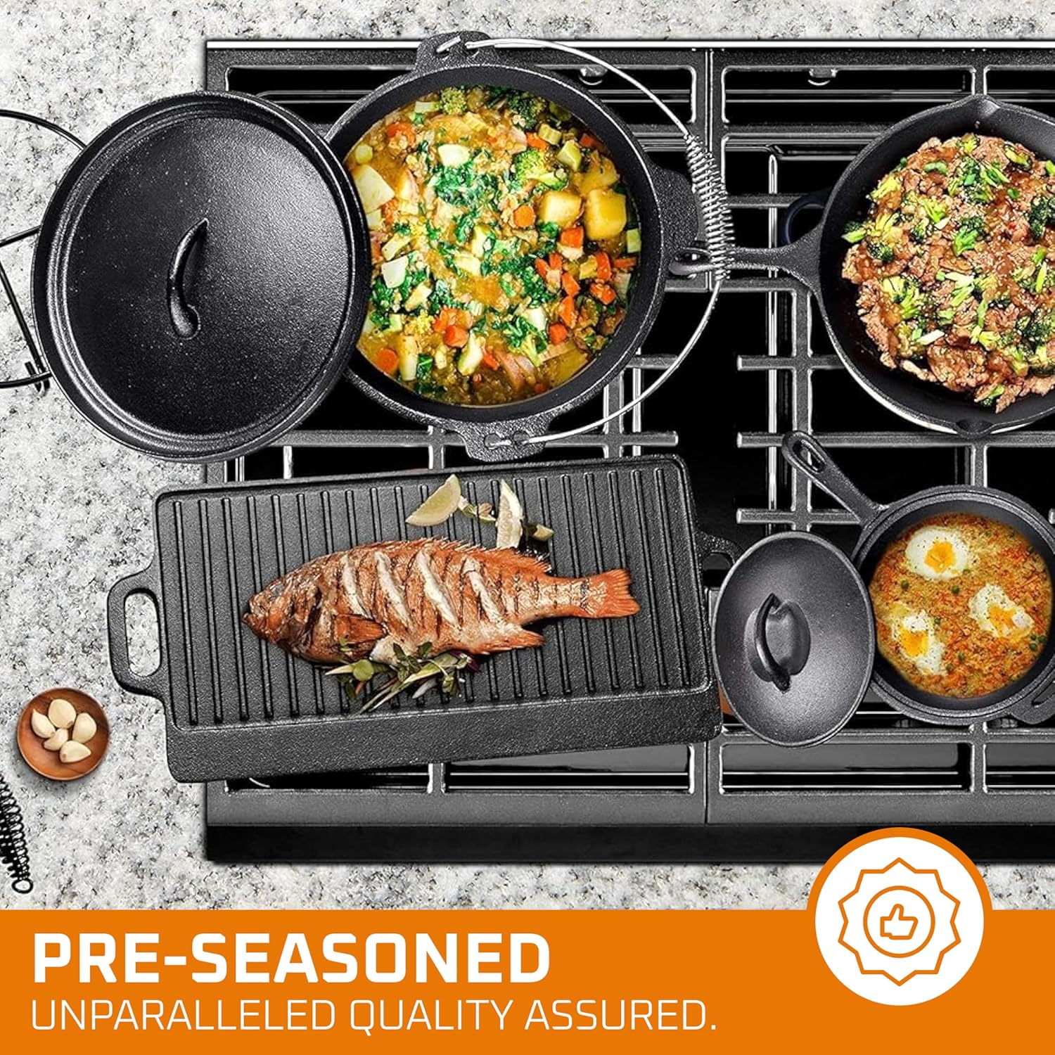 Camping Cookware Set Pre-Seasoned Cast Iron Pots and Pans Dutch Oven Set with Lids for Outdoor Comefire with Storage Box