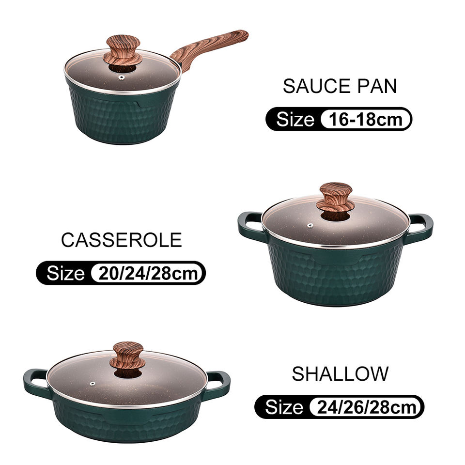 5 Piece Green Textured Die-Cast Aluminum Marble Coating Non-Stick Cookware Set with Wooden Bakelite Handle