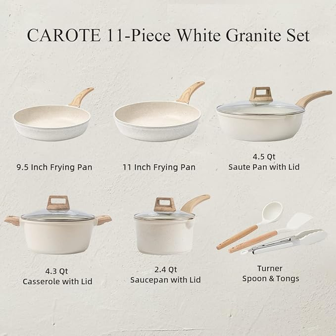 8-Piece Non-Stick Induction Cooker Cookware Set, White Granite, Basic Model
