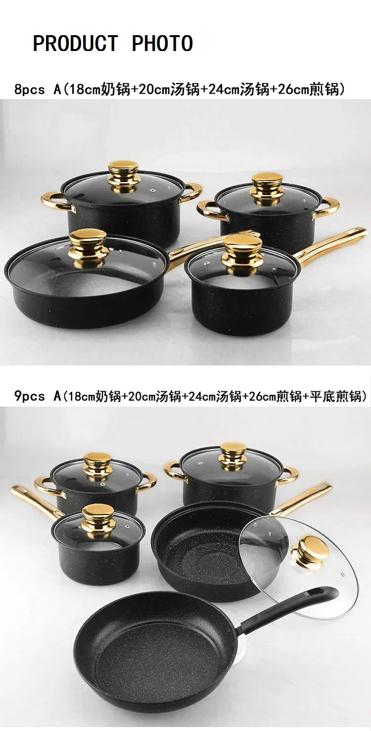 Ceramic Stone Cookware Set Wholesale 8PCS Non-Stick Frying Pans with Golden Handles