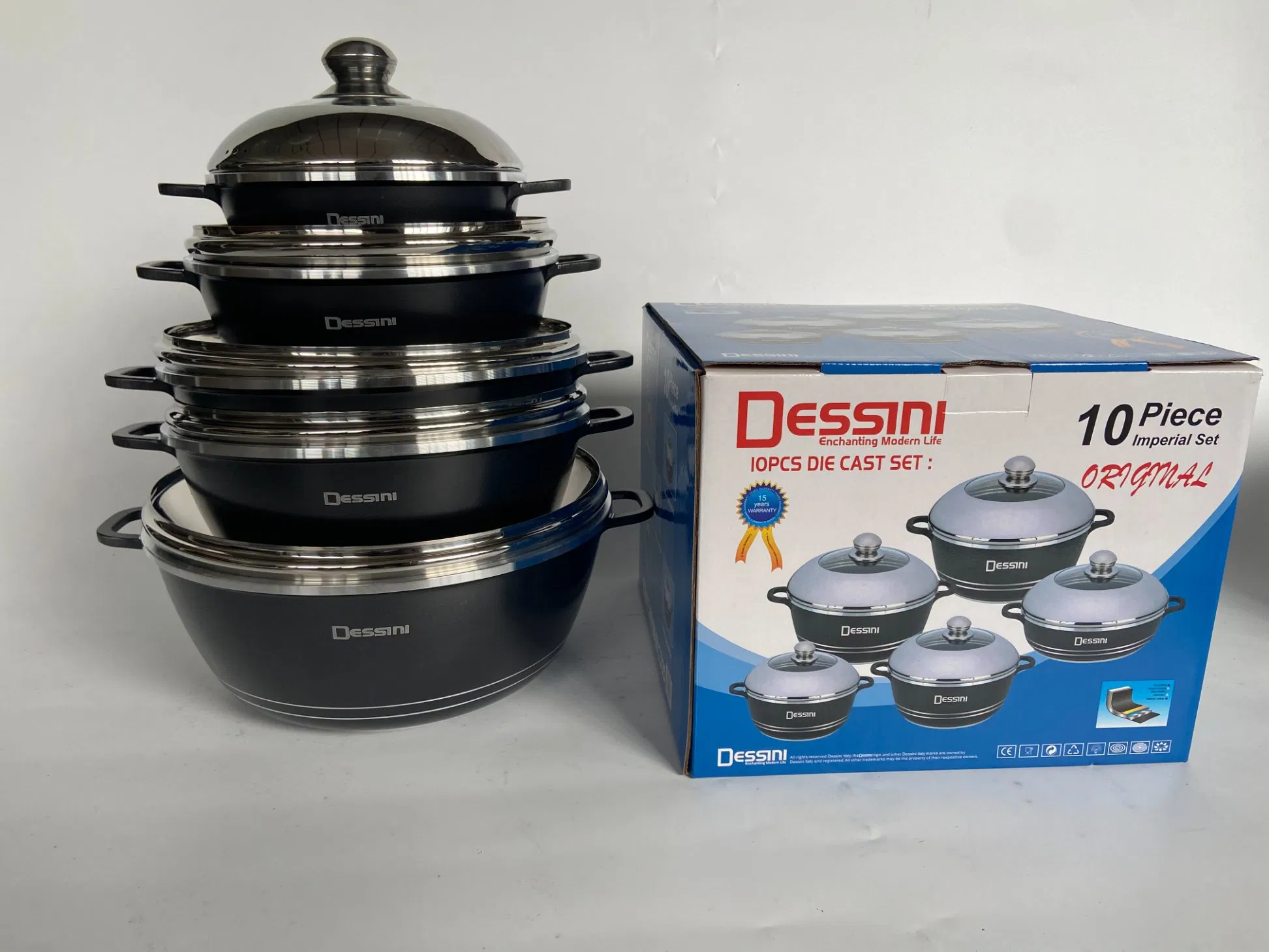 Hot Selling Die Cast Aluminum Non Stick Dessini 10 PCS Cookware Sets with 2 in 1 S/S Covers