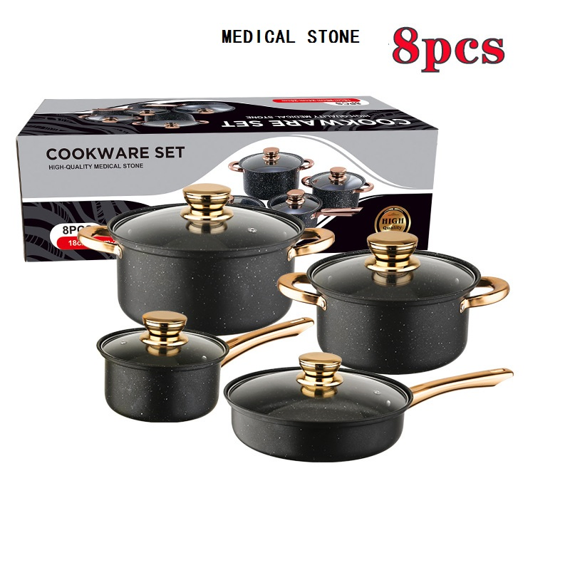 Ceramic Stone Cookware Set Wholesale 8PCS Non-Stick Frying Pans with Golden Handles