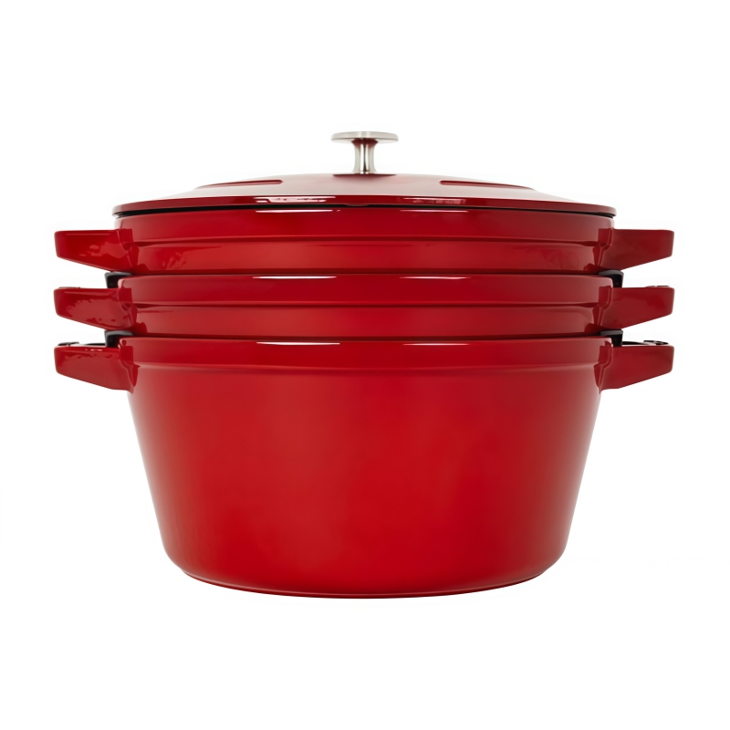Enameled Cast Iron Set 3-pc Stackable Space-Saving Cookware Set Casserole Skillet Grill Pan with Universal Lid