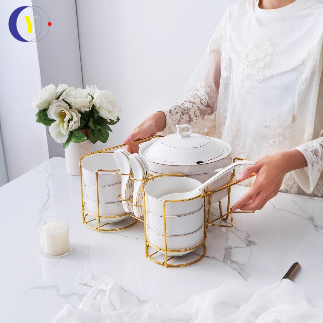 White Ceramic Stockpot Set with Lid Phnom Penh Design Heated Gold Rack Embossed Elegant Dinnerware
