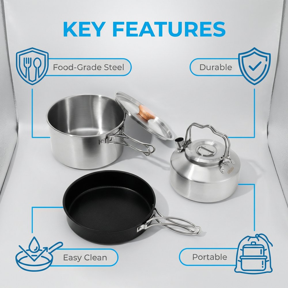 Outdoor Home Use 304 Stainless Steel Three-Piece Cooking Pot Set with Lid Portable Camping Cookware Non-Stick Frying Pan Kettle