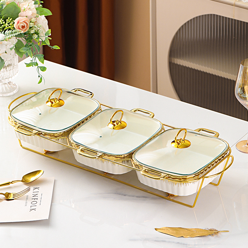 3pcs Set Rectangular Ceramic Soup Stock Pot with Glass Lid and Golden Rack Non-Stick Coating Tableware for Candle Fire Heating
