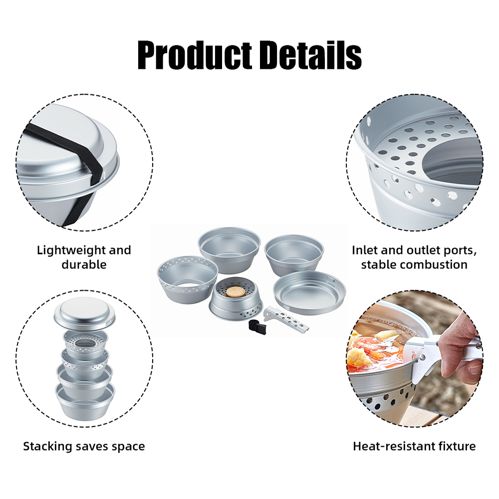1.2L/1.5L Lightweight Frying Pans Pot Stacking Silver Aluminum 8-Piece Camping Cookware Set with Integrated Alcohol Stove