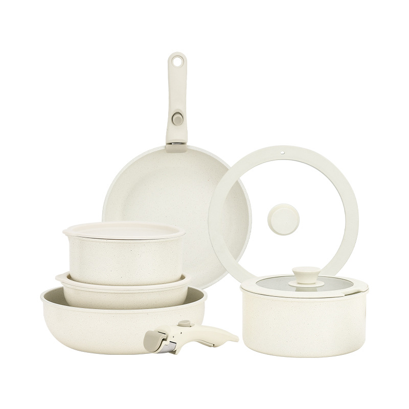 11-Piece New Chinese Style Induction Compatible Detachable Handle Non-Stick Cookware Set 430 Stainless Steel Bottom Silicone