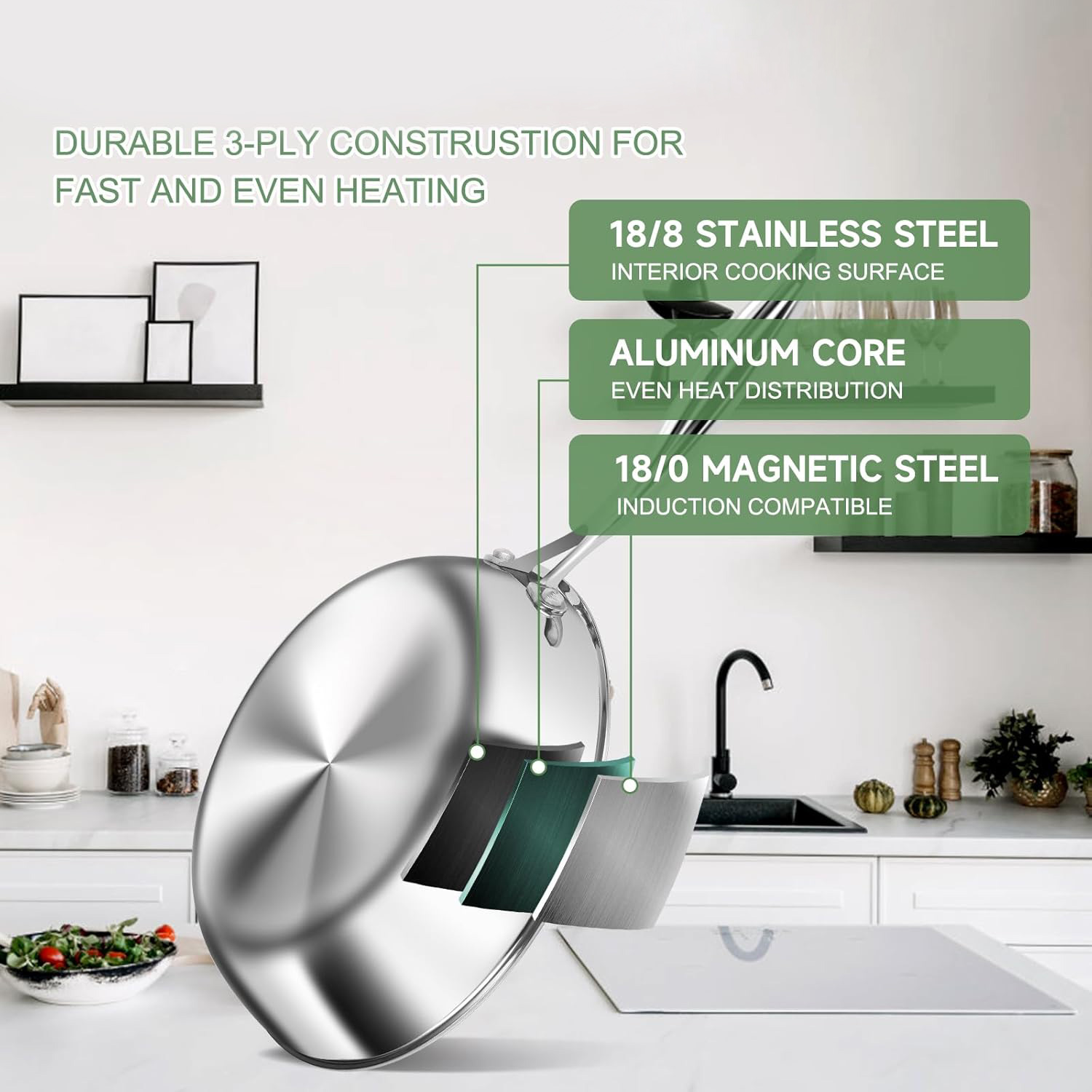 11-Piece Professional Chef Quality Cookware Set 3 Ply Stainless Steel Non-Toxic Lids Dishwasher Safe Gas Induction Ready