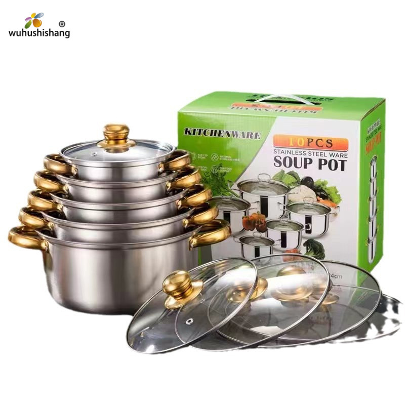10-Piece Classic Stainless Steel Cookware Set with Glass Lid for Gas Stove Includes Soup Milk Pots Oven Safe