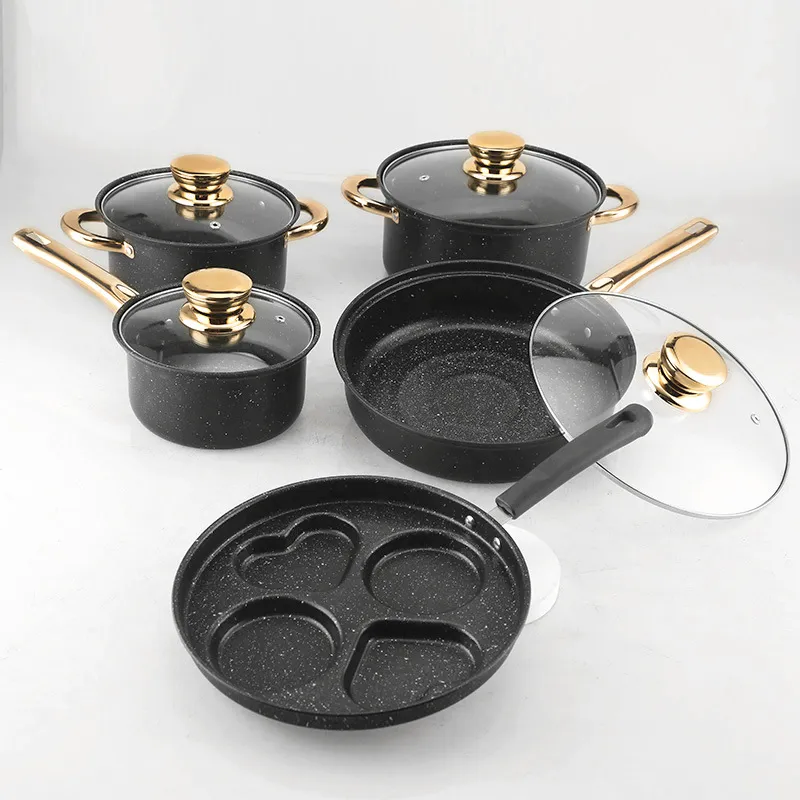 9PCS Ceramic Stone Cookware Set Wholesale Non-Stick Frying Pans with Golden Handles