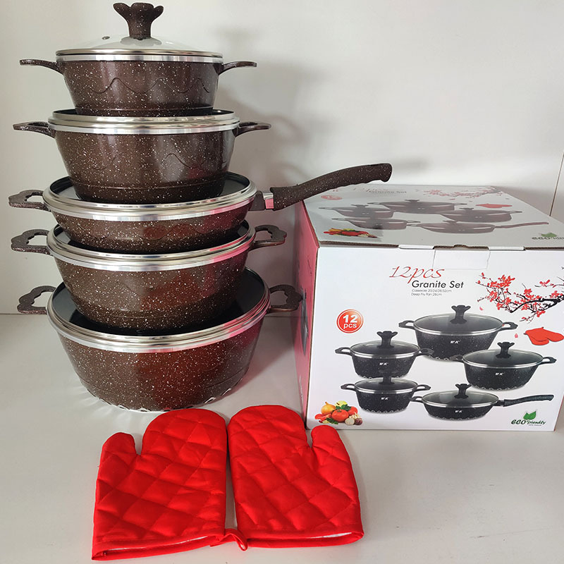 12PCS Die Cast Granite Coated Nonstick Cooking Pot Aluminum Pan Granite Coated Cookware Sets