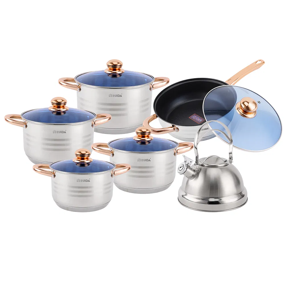 Best Selling 12PCS Blue Glass Lid Copper Handle Stainless Steel Cookware Set