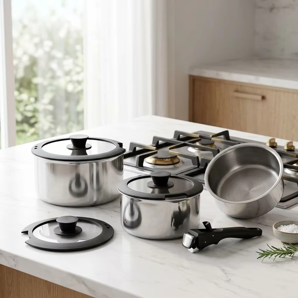 Custom Logo 18/10 Stainless Steel Cookware Set Detachable Handle Nesting Stackable Space Saving Pots Pans Induction Wholesale
