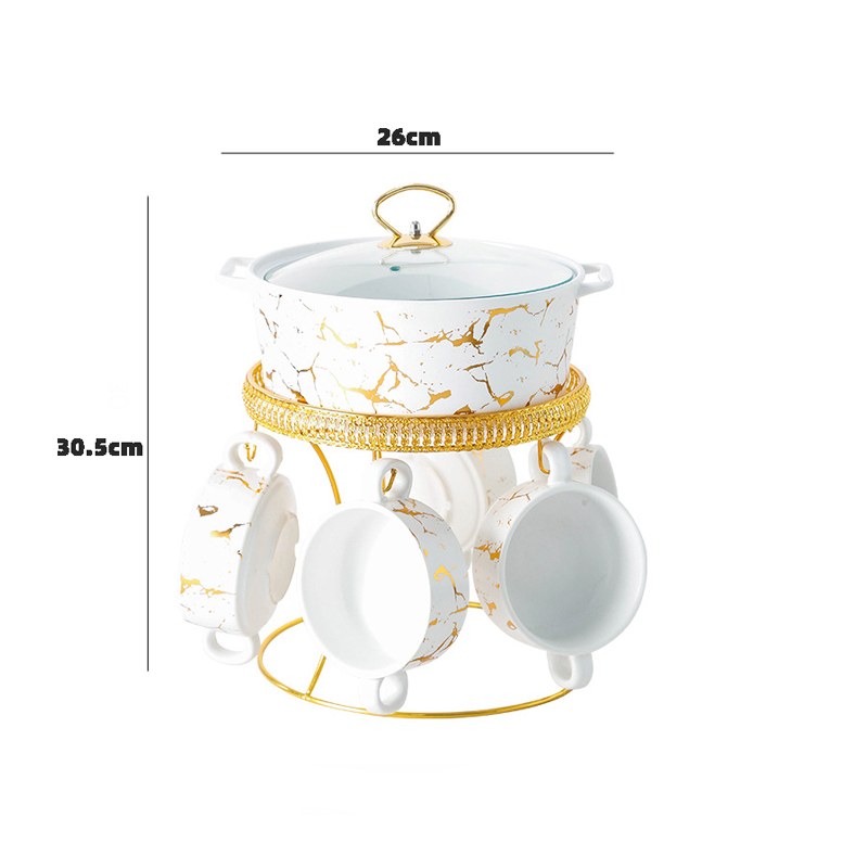 Black White and Marble Gold Soup Stock Pots with Small Bowls Service for 6 Dinnerware Set Stew Cookware Tureens with Lid