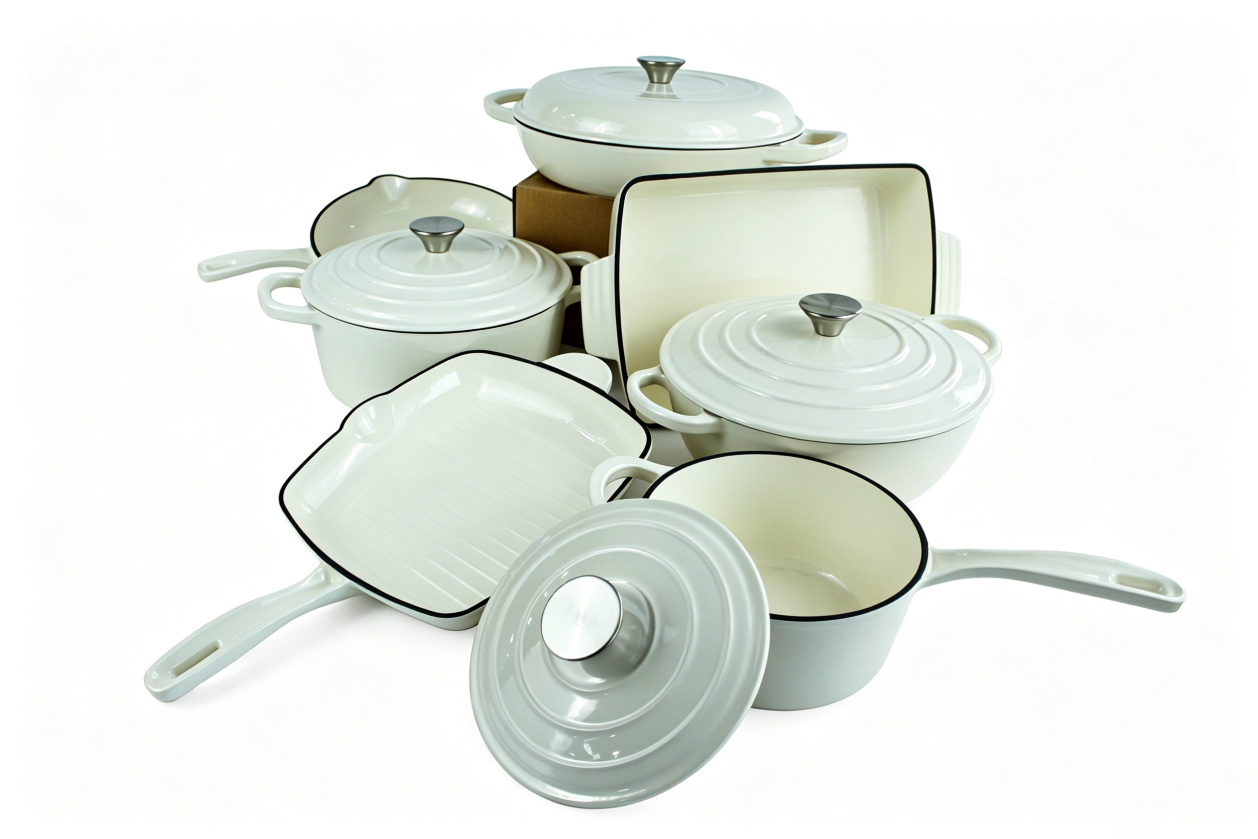 In Stock 7 Pieces White Enamel Cast Iron Cookware Set, Non Stick Pot Pan Combo, Heat Resistant &amp; Oven Safe For Home Kitchen