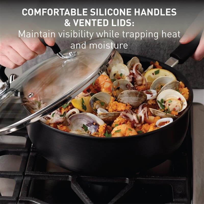 Ultimate Hard Anodized Nonstick Pots and Pans Set 17 Piece, Nonstick Cookware Set with Fry Pan, Saucepans, Saute-Pan, Griddle, Dishwasher Safe, Onyx