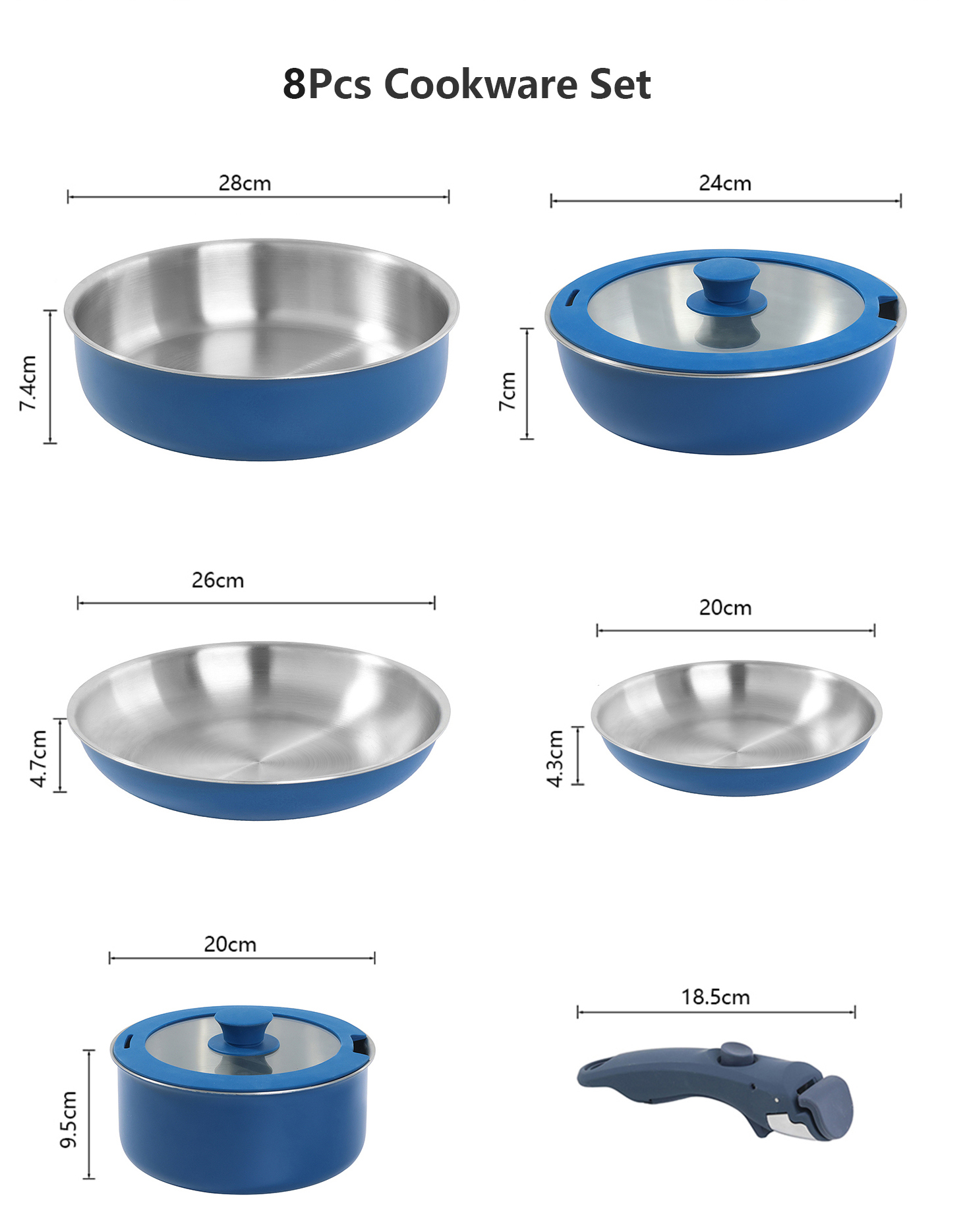 8 PCS Set Stainless Steel Detachable Handle Cookware Set For Gas &amp; Induction Safe Non-Toxic PFOA Free Pots And Pans Set