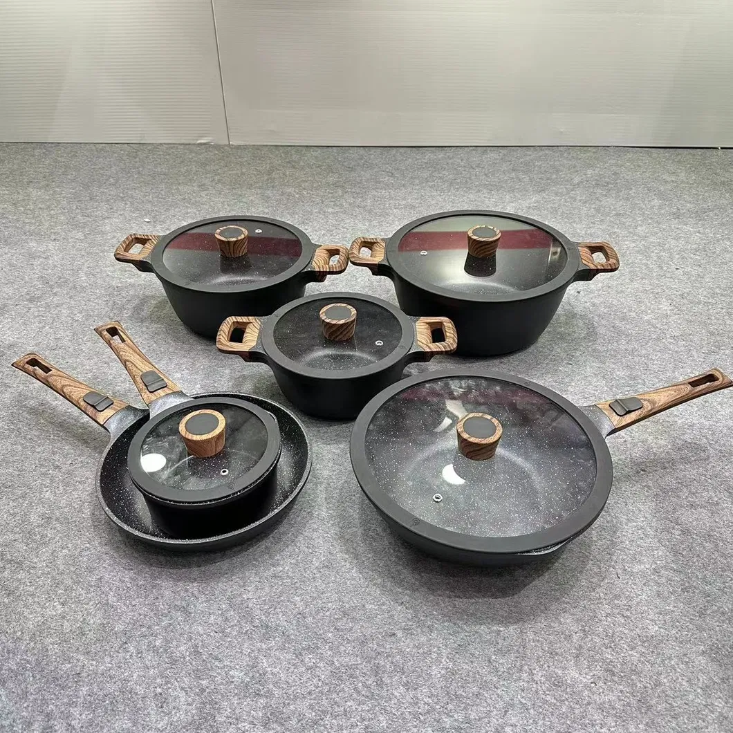 New Arrival Black Marble Die Casting Aluminum Cookware Set in Detachable Handle