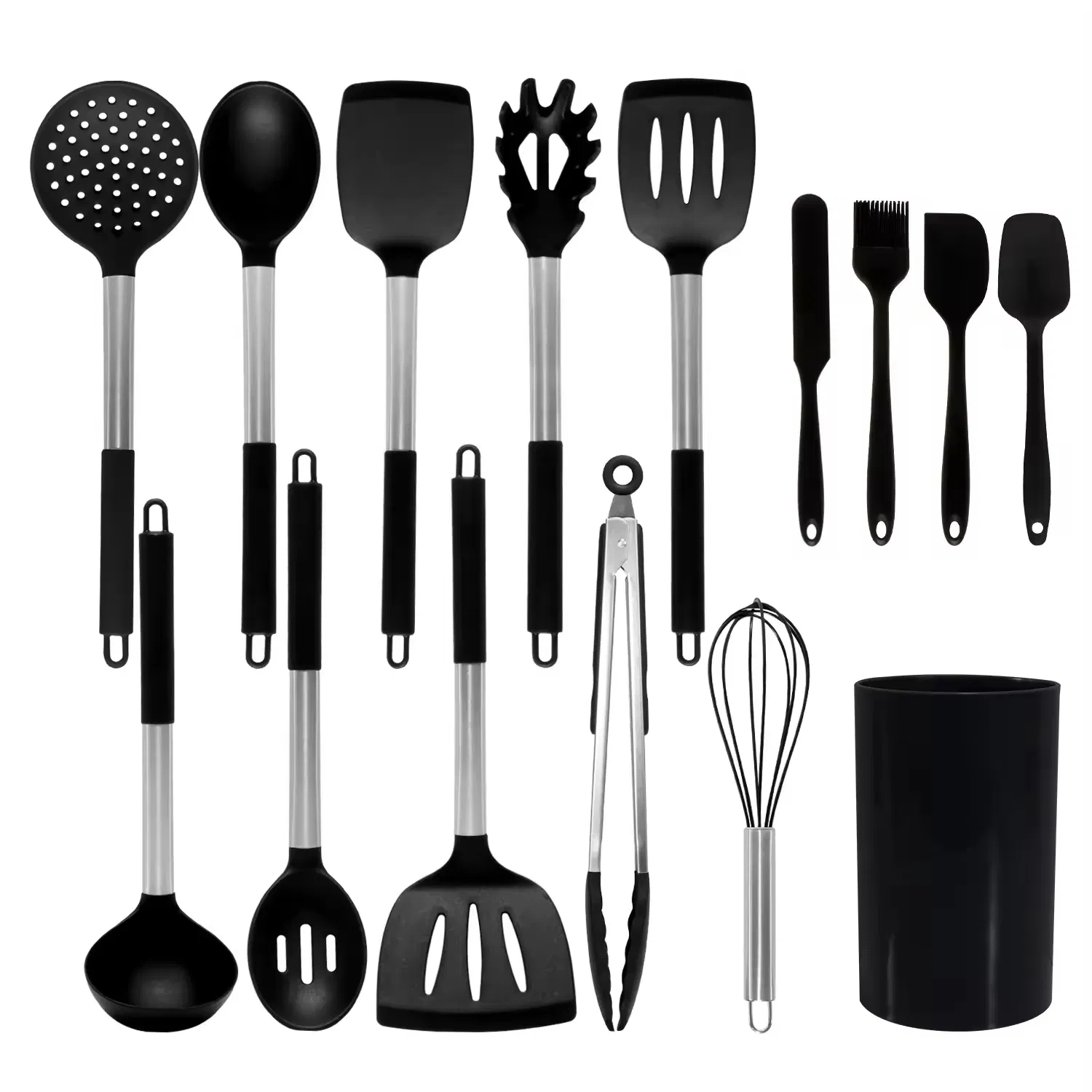 15 PCS Heat Resistant Non-Stick Kitchen Tool Cookware Silicone Cooking Utensils Sets with Stainless Steel Handle