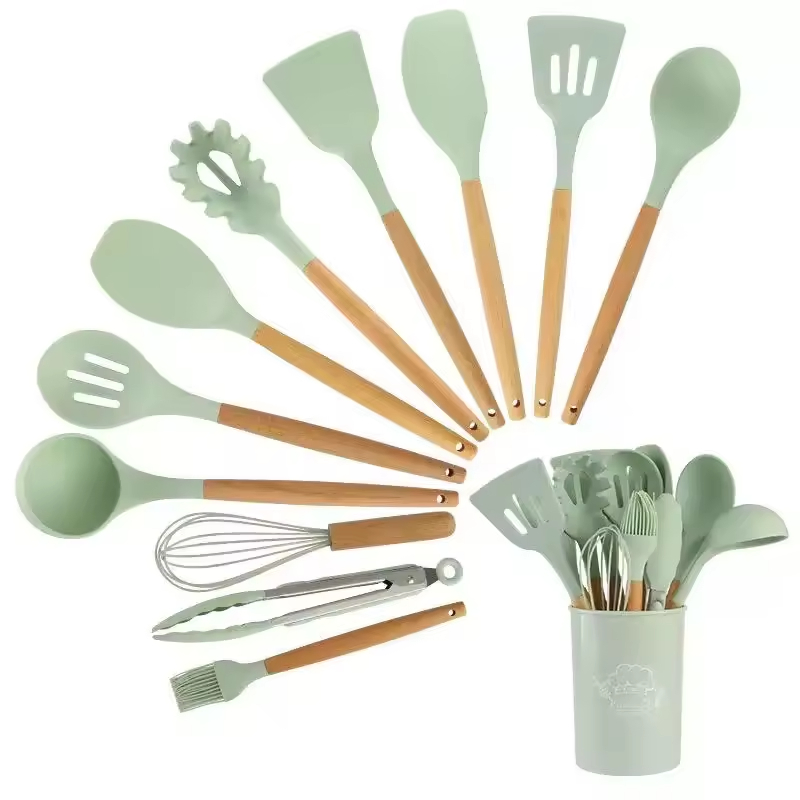12 Pieces Silicone Kitchen Accessories Cooking Cookware Set Kitchenware Silicone Kitchen Utensils with Wooden Handles