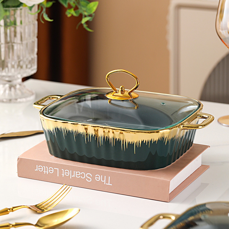 3pcs Set Rectangular Ceramic Soup Stock Pot with Glass Lid and Golden Rack Non-Stick Coating Tableware for Candle Fire Heating