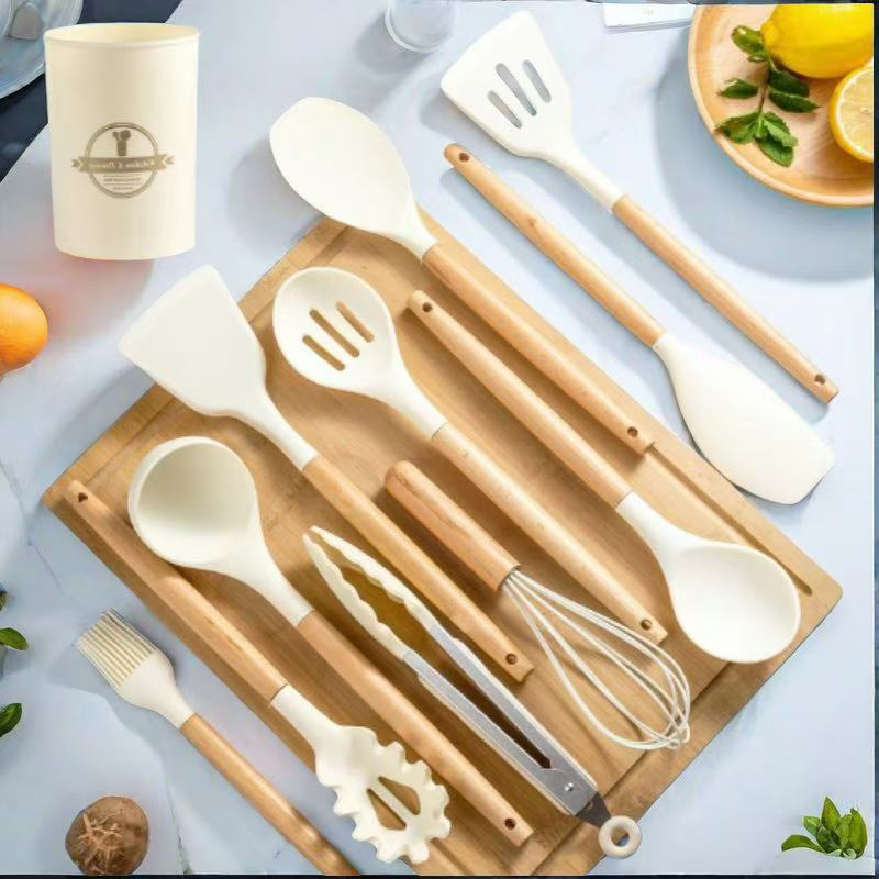 Hot Sale Custom 12 PCS Silicone Kitchen Set with Wooden Handle 12 PCS Utensils Spatula Cooking Tool Sets