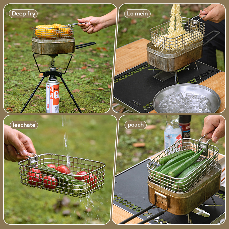 Campingmoon Outdoor Camping Cookware Set Folding Stainless Steel Wire Mesh Frying Chip Fry Basket