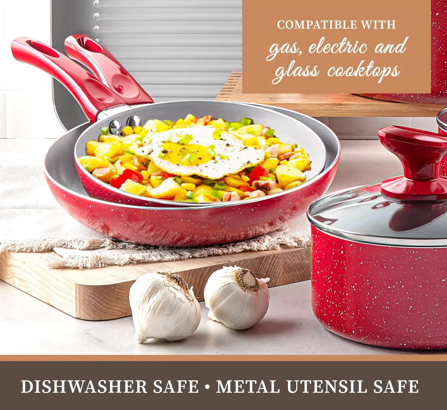 2025 Customizable Eco-Friendly 13-Piece Large Multi-Piece Non-Stick Cookware Set Classic Red Marble Coated Glass Cover