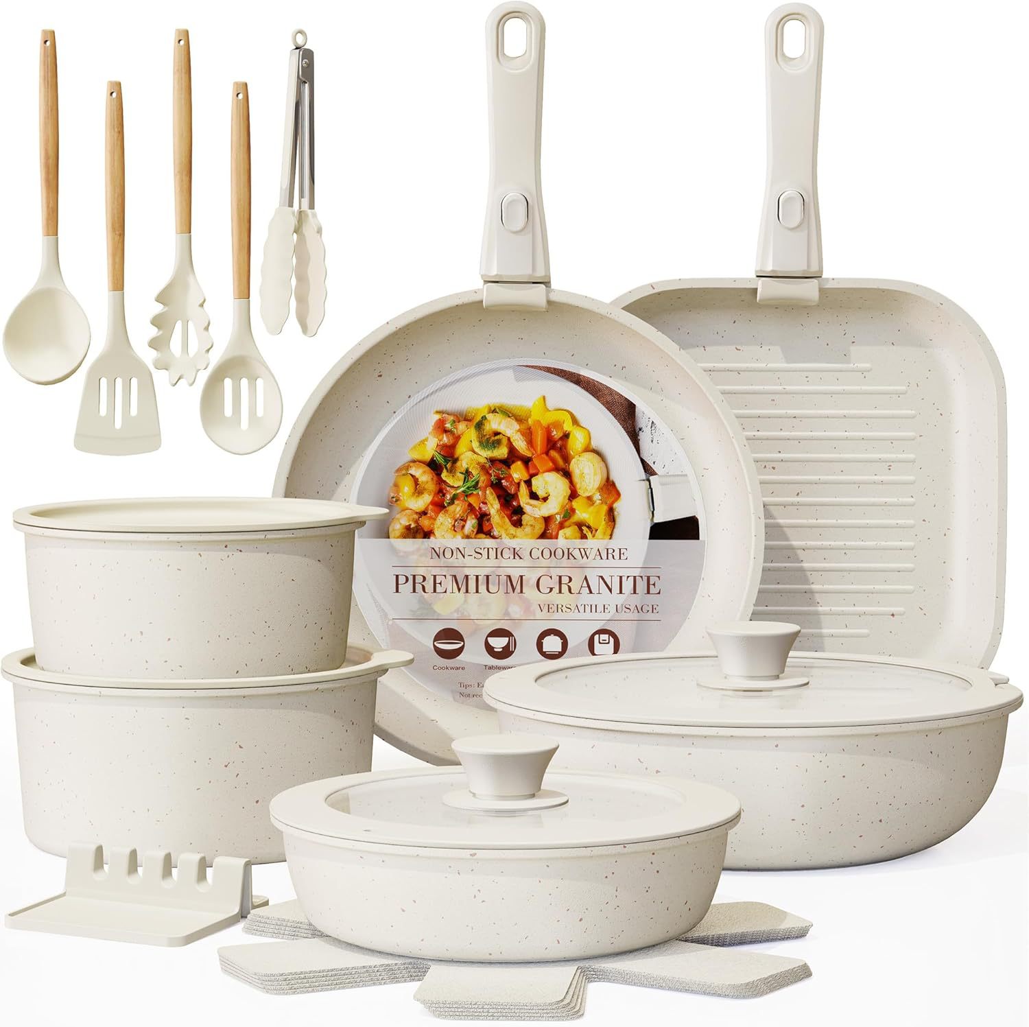 Removable Handle Nonstick Set | Thickened Cookware for All Stoves, High-Design Solid Color Pot Set
