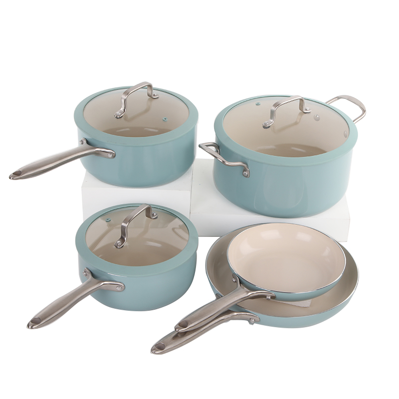 8PCS Pink Ceramic Aluminum Nonstick Cookware Cooking Pot Set with Induction Bottom