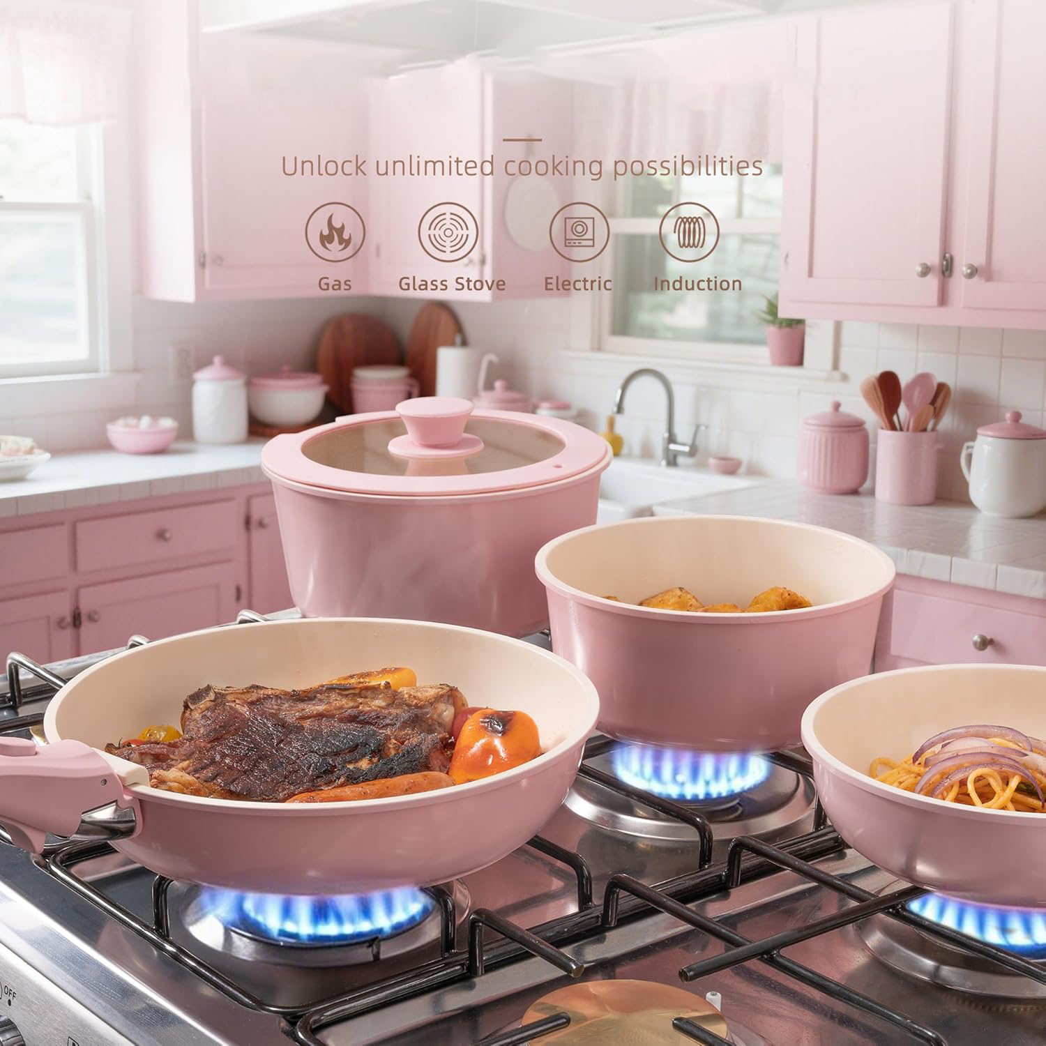 21 Pcs Durable Modern Metal Non-Stick Ceramic Cookware Set New Design Detachable Handles Pots Pans Oven Safe Induction Stackable
