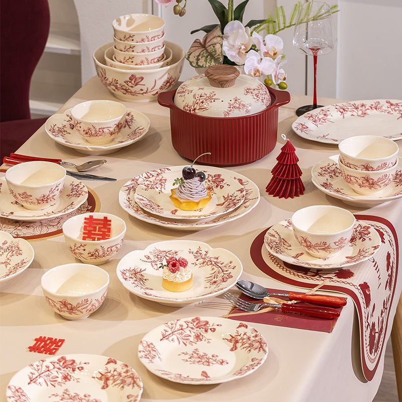 Wedding Ceramic Plate Set in Red, Including 10-Inch Flat Soup Bowl and Casserole Dish, with Soup Spoon - Complete Red Ceramic Set