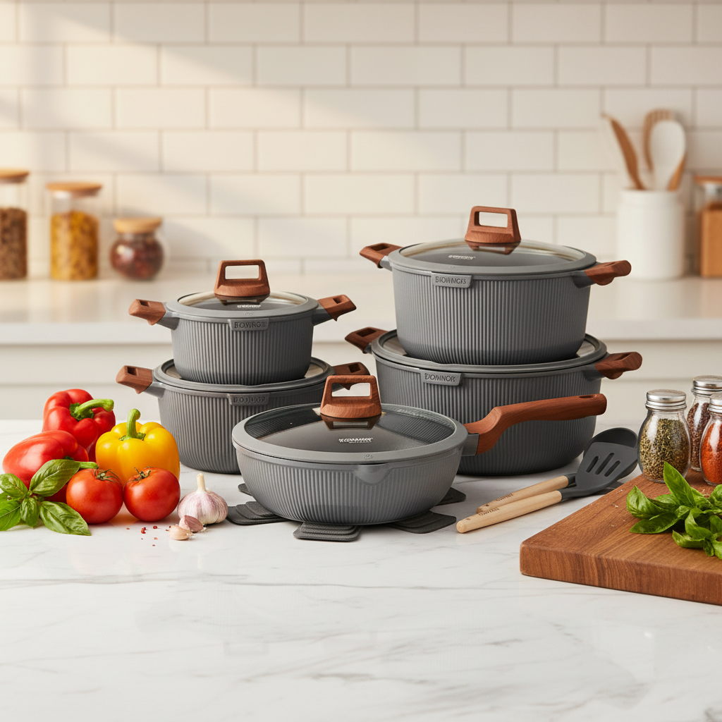 Professional Black Fluted Die Cast Aluminum Cookware Set 15pcs Induction Ready Non-Stick Ceramic Ribbed Pots And Pans For Chef