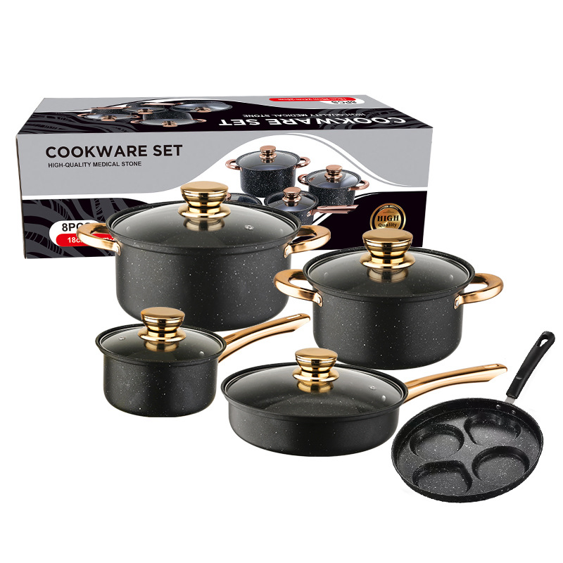9PCS Ceramic Stone Cookware Set Wholesale Non-Stick Frying Pans with Golden Handles