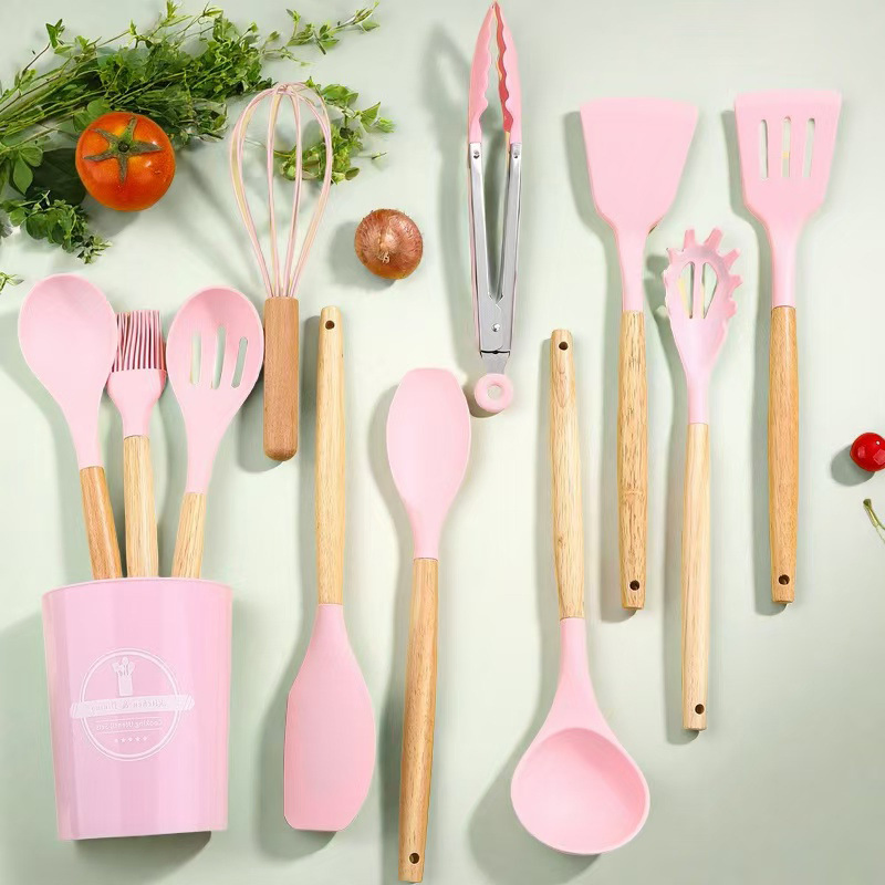 Hot Sale Custom 12 PCS Silicone Kitchen Set with Wooden Handle 12 PCS Utensils Spatula Cooking Tool Sets